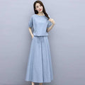 Women's Summer Slimming Linen Cotton Short Sleeve Dress + Skirt + Long Skirt 2-Piece - Light Blue