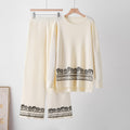 Women's Fall-Winter Ethnic Casual Crew Neck Pattern Wide Leg Pants + Top 2-Piece Set - Coffee