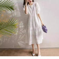 White Cotton Embroidered Puff Sleeve Dress, French Sweet Style