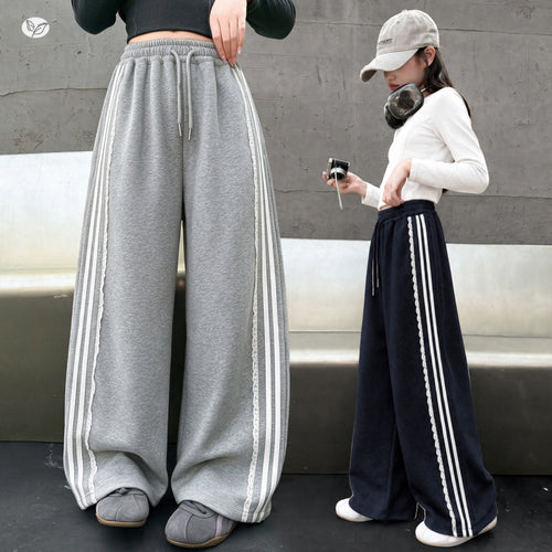 Girls' Lace Trim Stripe Wide-Leg Track Pants