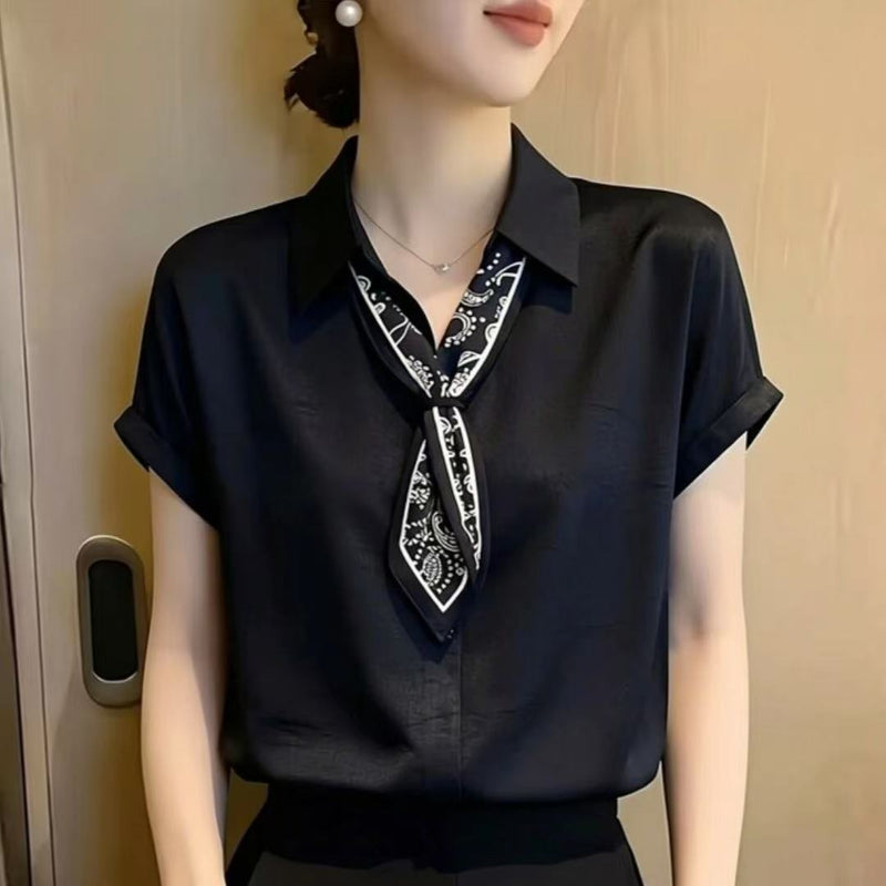 Summer Professional French Satin Short Sleeve Loose Shirt