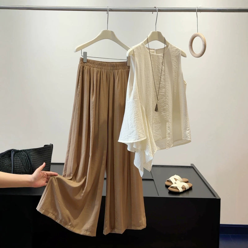 Summer Fashion Elegant Sleeveless Asymmetric Wide Leg Pants + Shirt + Tank Top 2-Piece Set
