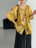 Korean Relaxed Ramie Embroidered Tie-Front Floral Sun-Protection Loose Shirt