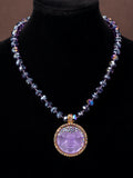 Vintage Purple Moen Smiley Pendant Elegant Crystal Relief Accessory Set Rhinestone Stone Necklace