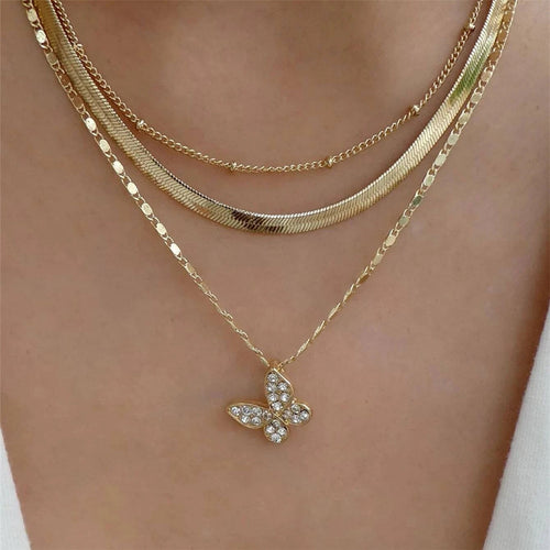 New Retro Full Diamond Butterfly Pendant Clavicle Chain Women Creative Personality Snake Chain Layered 3 Layer Necklace N6244