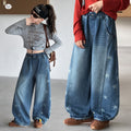 Girls' Spliced Print Curved-Leg Wide-Leg Jeans