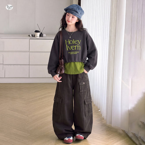 Girls' Letter Print Hoodie & Cargo Pants Set