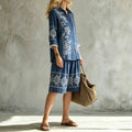 Women's Ethnic Casual Jacquard 3/4 Sleeve Loose Wide Leg Pants + Shirt 2-Piece Set 20 - Dark Blue