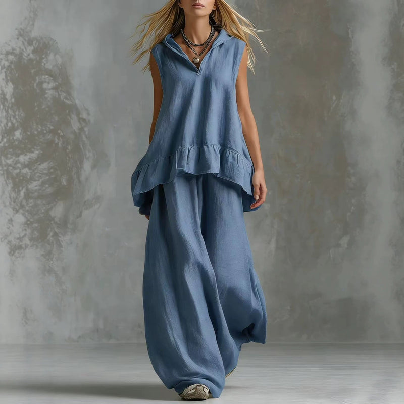 Spring-Summer Casual Fashion Linen Cotton Sleeveless Wide Leg Pants + Top 2-Piece Set