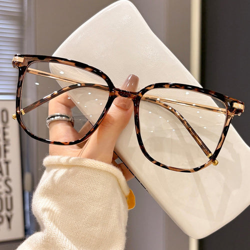 Square Frame Leopard Plano Women New Anti-Blue Bare Face Glasses Frame Metal Temple Face-Slimming Wear Jewelry Glasses