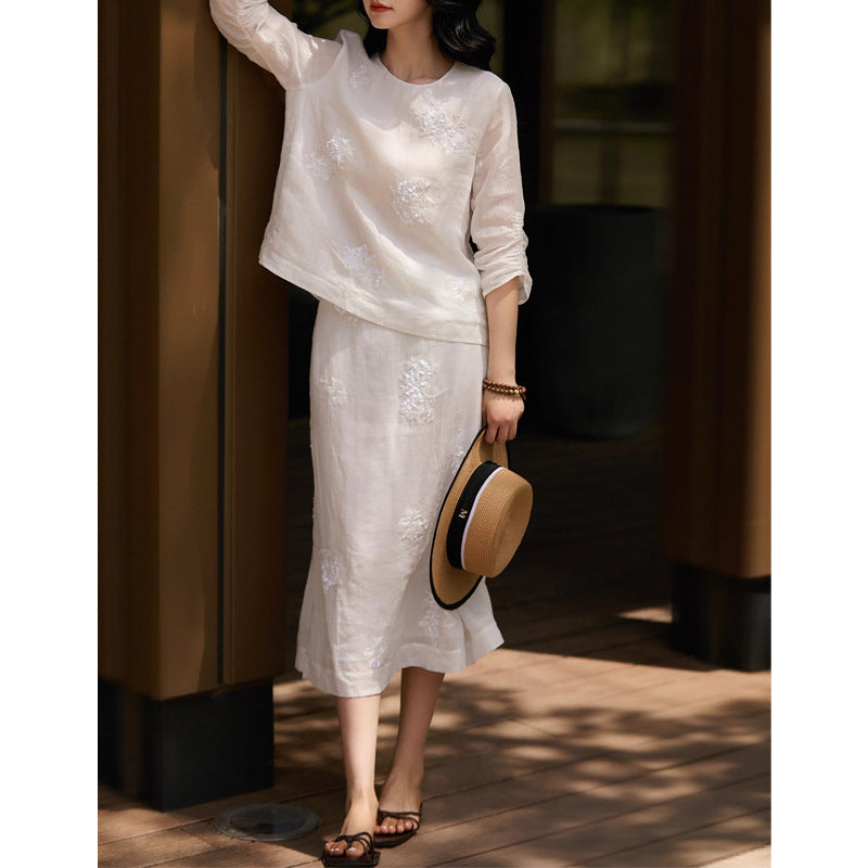 Summer Embroidered Crew Neck Beaded Sequin Heavy Skirt + Top Set