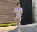 Women's Ethnic Retro Short Sleeve V-Neck Printed Flared Jacket + Pants Set 2026 - As Pictured