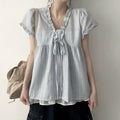 Korean Designer Short Sleeve Tie-Front Lace Trim Fake Two-Layer Shirt