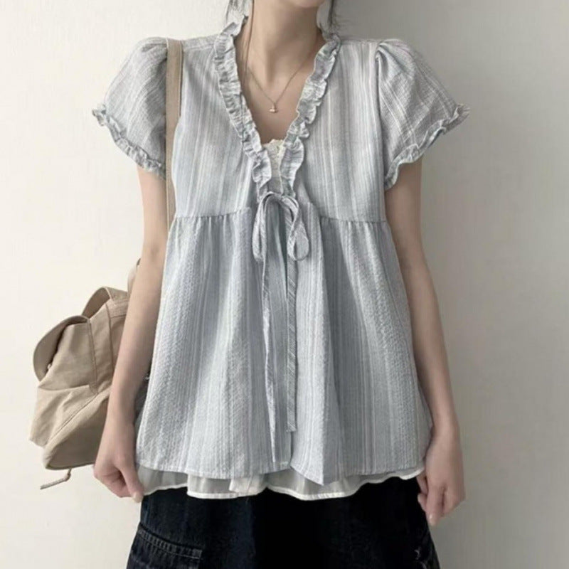 Korean Designer Short Sleeve Tie-Front Lace Trim Fake Two-Layer Shirt