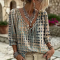Summer Bohemian 3/4 Sleeve V-Neck Tie-Front Drawstring Shirt