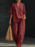 Summer Old Money Relaxed Linen Short Sleeve V-Neck Loose Wide Leg Pants + Top 2-Piece Set