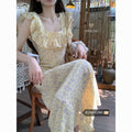 French Retro Square Collar Floral Fitted Ruffle Long Dress