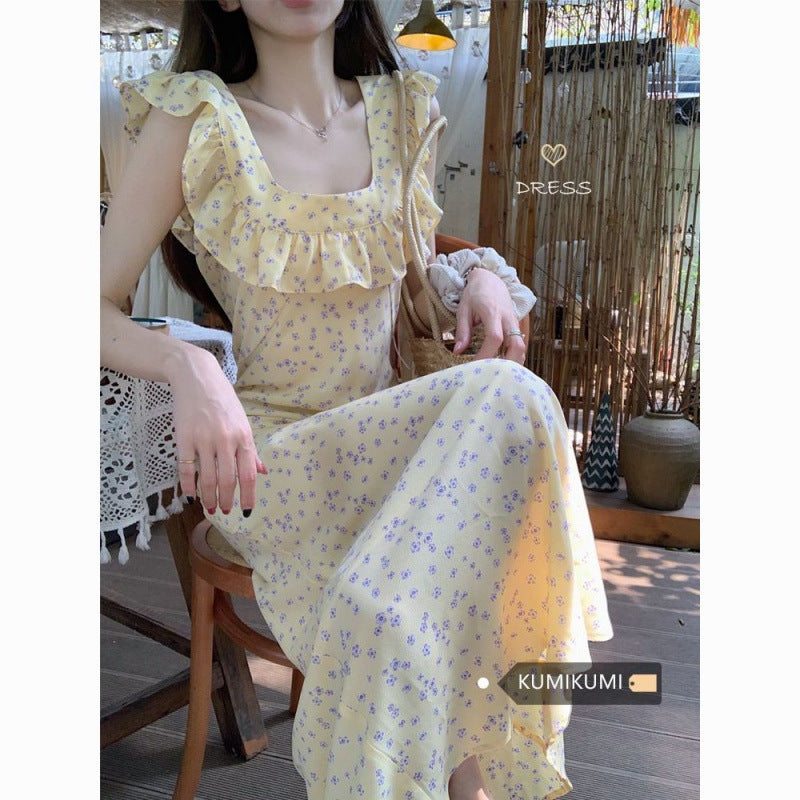 French Retro Square Collar Floral Fitted Ruffle Long Dress