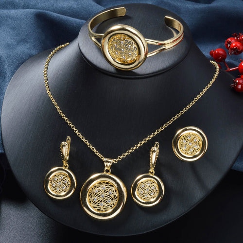 Amazon New Import 18K Cutout Rhinestone Necklace Bracelet Set Earrings Ring Retro Accessory Set Jewelry