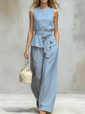 Spring-Summer Fashion Sleeveless Belt Pants + Top 2-Piece Set