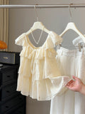 Summer Korean Youthful Mini Flutter Sleeve Sleeveless Ruffle Shirt