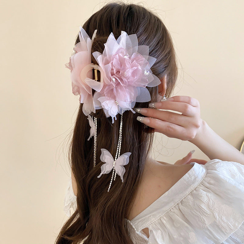 Rhinestone Mesh Flower Butterfly Hair Clip - view 4