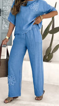 Plus Size Embroidered Two-Piece Set with High Waist Wide Leg Pants