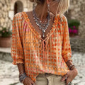 Summer Bohemian 3/4 Sleeve V-Neck Tie-Front Drawstring Shirt