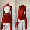 In Stock 2026 Fall Mock Neck Long Sleeve Backless Pleated Mini Dress