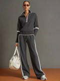 Sporty Retro High Neck Mock Neck Waist-Tie Patchwork Hoodie + Pants Set