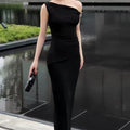 Off-Shoulder Sleeveless Slit Fitted Long Dress, Minimalist