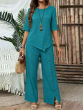 Casual Fashion Asymmetric Loose Hem Shirt + Pants 2-Piece Set