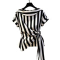French Elegant Lapel Collar Waist-Tie Striped Asymmetric Shirt