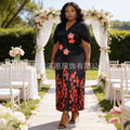 French V-Neck Pleated Printed Crystal Long Skirt + Top 2-Piece Set