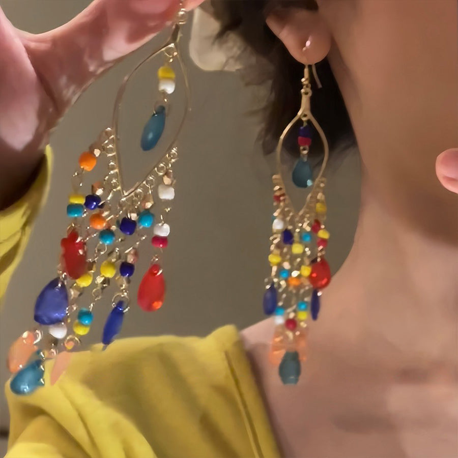 Bohemian Crystal Teardrop Beaded Tassel Earrings - view 3