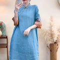 Retro Button-Front Heavy Embroidery Stand Collar Breathable Mid-Length Dress