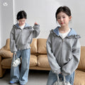 Girls' Short Hooded Lace Trim Zip Top