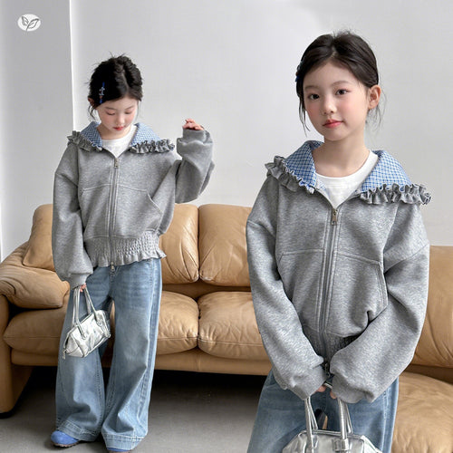 Girls' Short Hooded Lace Trim Zip Top