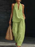 Summer Old Money Relaxed Linen Short Sleeve V-Neck Loose Wide Leg Pants + Top 2-Piece Set
