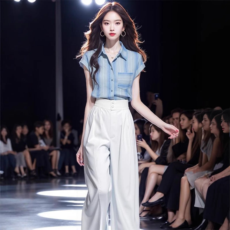 Summer Slimming Designer Short Sleeve Loose Wide Leg Shirt 2-Piece Set