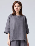 Women's Summer Zen Ethnic Linen 3/4 Sleeve 2-Piece Set 2026 | 2 Piece Outfit Set - Gray Set