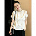 Women's Spring New Chinese Batwing Sleeve Short Sleeve Crew Neck Frog Button Shirt + - Off White