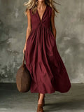 Elegant V-Neck Pocket Pleated Sleeveless Camisole Dress