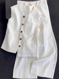 Casual Plus Size Linen Cotton Straight Leg Vest + Tank Top + Pants 2-Piece Set