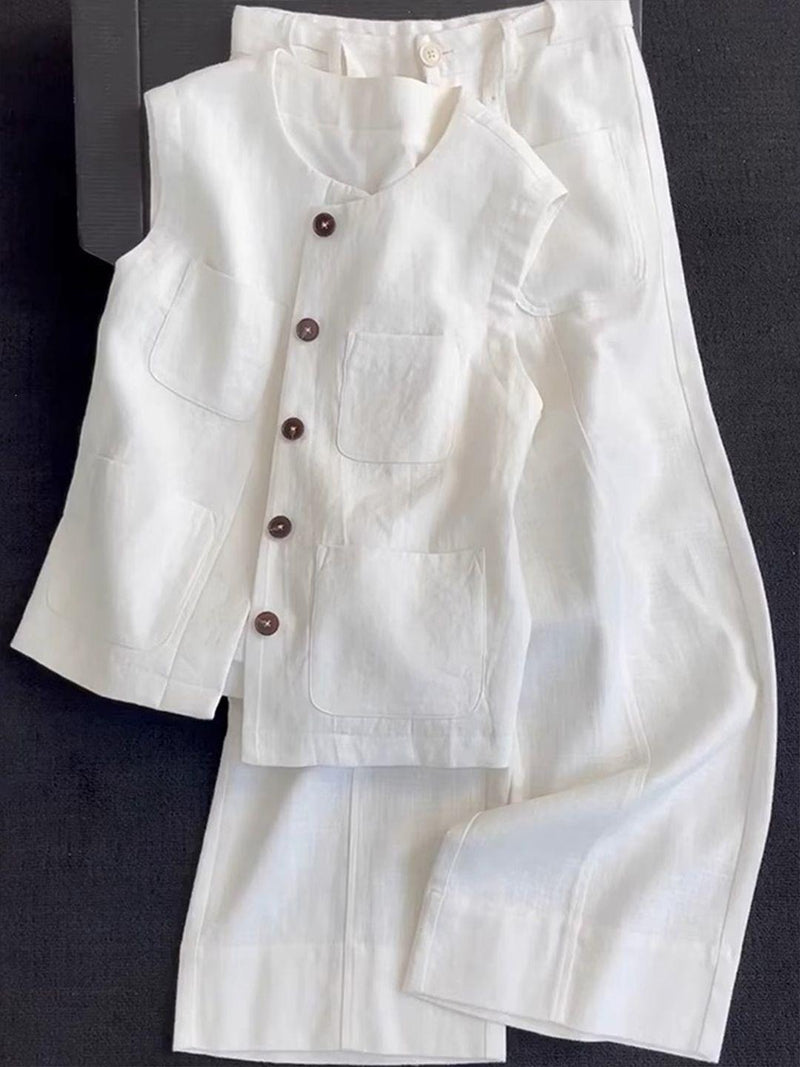 Casual Plus Size Linen Cotton Straight Leg Vest + Tank Top + Pants 2-Piece Set