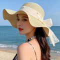 新款甜美大蝴蝶结遮阳草帽女 时尚气质大帽檐太阳帽户外防晒帽子