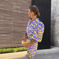 Women's Ethnic Retro Short Sleeve V-Neck Printed Flared Jacket + Pants Set 2026 - As Pictured