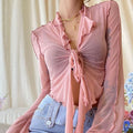 Women's V-Neck Tie Band Sheer Slim Top