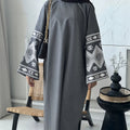 Ethnic Geometric Embroidered Long Sleeve Dress, Fashion Robe