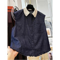 Women's Summer Korean Casual Sleeveless Lapel Collar Lightweight Shirt + Vest + Tank - Dark Denim